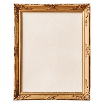 Empty gold picture frame on a transparent background