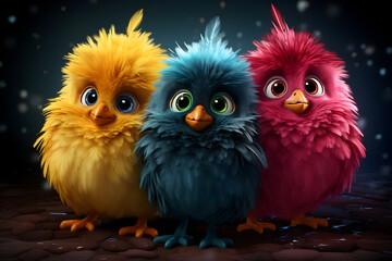 Fototapeta premium Plush fur birds monster for little kids. Front view of soft animal toy mascot.