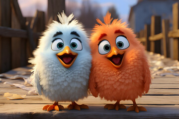 Fototapeta premium Plush fur birds monster for little kids. Front view of soft animal toy mascot.