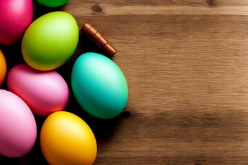 Fototapeta na wymiar Colorful easter eggs on wooden table.