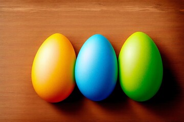 Colorful easter eggs on wooden table.