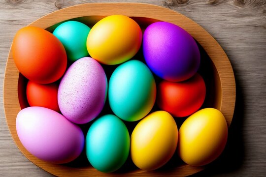 Colorful easter eggs on wooden table.