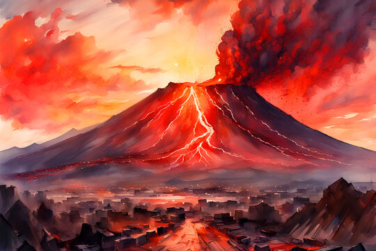 Watercolor painting of the volcana Mount Vesuvius spitting lava at sunset 