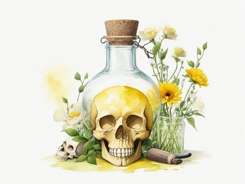 Watercolor illustration of a skull in a bottle with a flower.