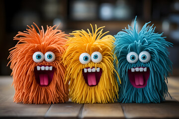 Plush fur monster for little kids. Front view of soft animal toy mascot.