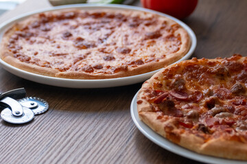 pizza on a wooden table