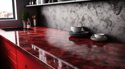 Obraz premium Luxury kitchen interior with red marble countertop and cupboard