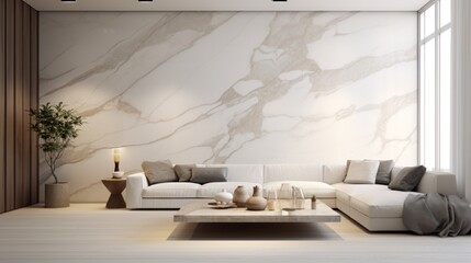 Modern bright interiors. Living room with marble wall