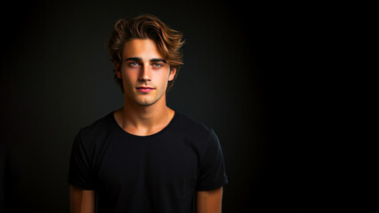 Naklejka premium A young man in a black T-shirt with free space for a logo - black background with copy space