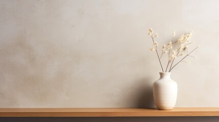 Fototapeta na wymiar White vase with dry flowers on wooden shelf in front of beige wall
