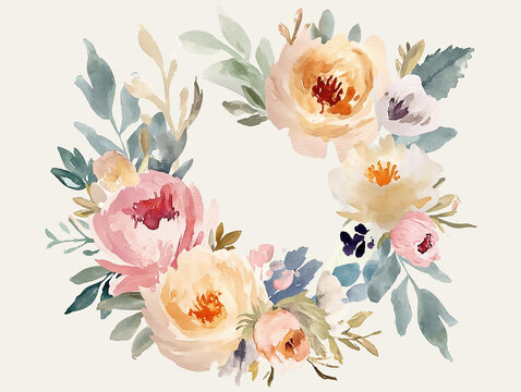 Watercolor wreath with beautiful peones and other flowers