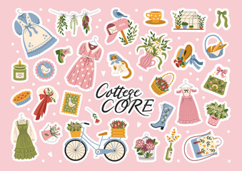 Sticker pack of cute cottage core style elements. A set of rural girl aesthetics. Flowers, retro clothes, vintage dresses. Vector, flat, cartoon illustration