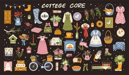 A large set of cute cottage core style elements. Rural girl aesthetics. Flowers, retro clothes, vintage dresses. Vector, flat, cartoon illustration