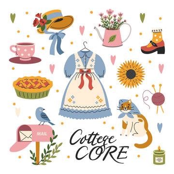 A set of cute cottage core style elements. Rural girl aesthetics. Flowers, retro clothes, vintage dresses. Vector, flat, cartoon illustration