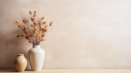 Vase with dried flowers on wooden table over beige wall background - obrazy, fototapety, plakaty