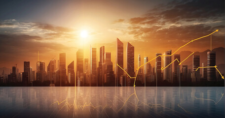 Modern cityscape with financial chart and sunrise sky