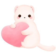 Ferret hug pink heart pillow watercolour hand drawing