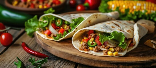 Flour tortilla filled with mincemeat, vegetables, lettuce, tomato, corn, green bell pepper, and beans, served on a wooden board. (Focused on the tortillas)