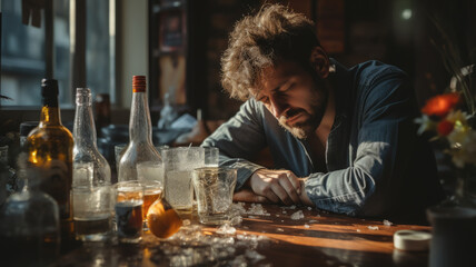 sad man suffers from a hangover and headache after a party, alcohol poisoning, unhappy guy sitting at the table, portrait, interior, drunk person, depression, illness, pain - obrazy, fototapety, plakaty