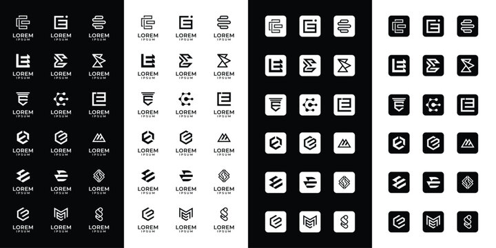 Set of abstract initial letter E logo templates with icons, symbols for business of fashion, automotive, financial, and others