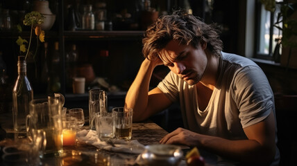 sad man suffers from a hangover and headache after a party, alcohol poisoning, unhappy guy sitting at the table, portrait, interior, drunk person, depression, illness, pain - obrazy, fototapety, plakaty