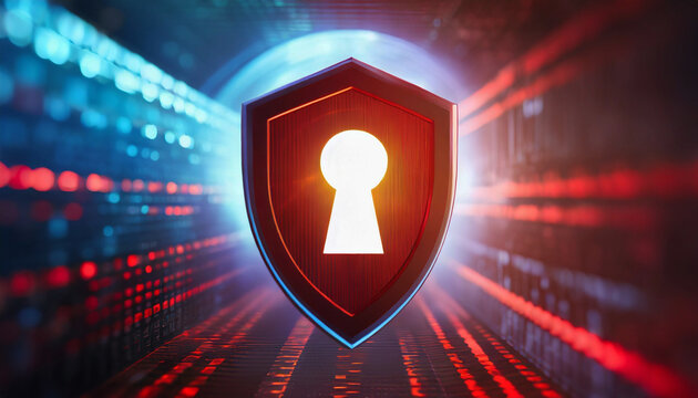 Digital Security Privacy Online Safety Protection Concept. Red Shield with Keyhole on digital background