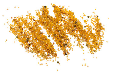 Curry spice mix pile, turmeric, fenugreek, mustard, coriander, paprika, pepper and cumin isolated...