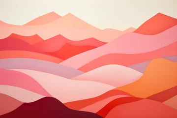 Selbstklebende Fototapeten valentines day mountain landscape pattern in watercolour color block illustration style pastel colours sunset background postcard wallpaper rosy red pink © MaryAnn