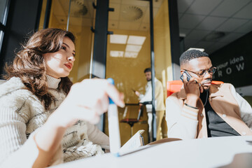 Diverse employees collaborating on business strategies for growth, discussing market analysis and targeting trends.