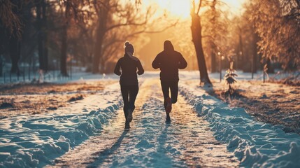 Couple running outdoor during workout on winter day. - obrazy, fototapety, plakaty