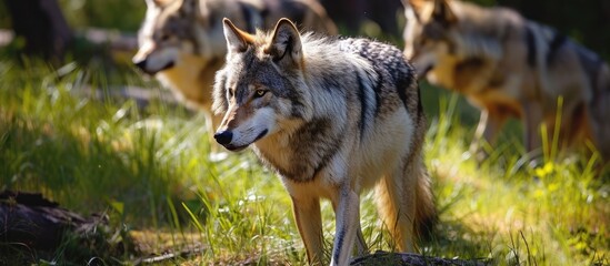 Obraz premium Wolves frolic in the grass.