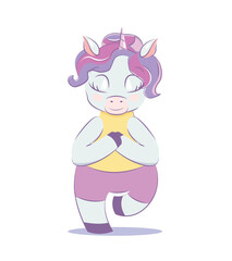 Unicorn does yoga, sports, fitness. International Yoga Day. Drawing of cute childish illustration. Print, textiles, cards, pattern. Beautiful Pegasus.