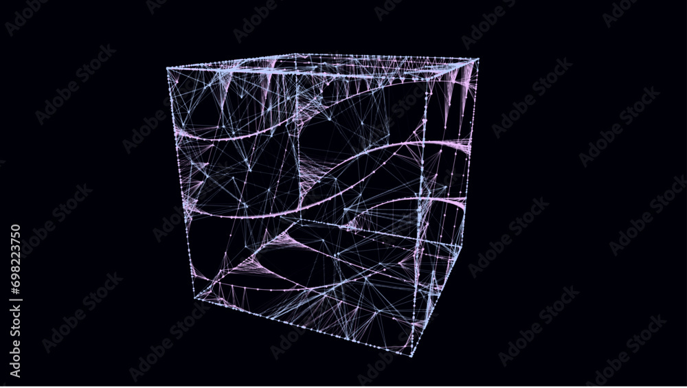 Aufkleber Abstract blue cube with connecting dots and lines. Big data visualization. Blockchain technology concept. Wireframe network connection structure with circle. Vector illustration.