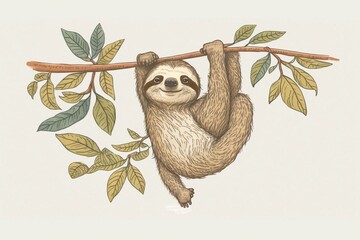 Illustration of an adorable sloth hanging from a tree on a plain background. Generative AI