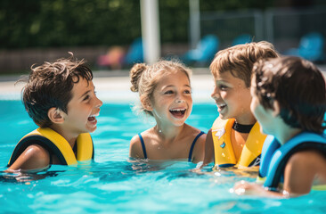 Fototapeta na wymiar happy kids smiling and talking while swimming in a pool