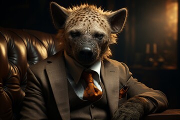 hyena in a business suit with a tie. businessman with the head of a predatory animal. - obrazy, fototapety, plakaty