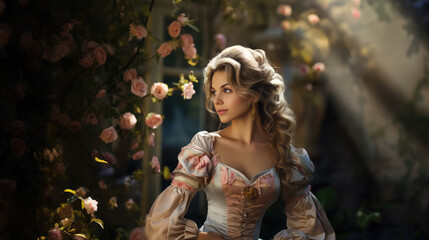 beautiful young woman dressed in 18th century style, antique fluffy dress, rococo, corset, wig, portrait, girl, garden, park, palace, countess, princess, lady, marquise, duchess, romantic, elegance