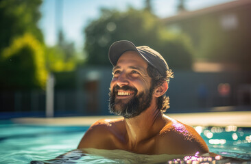 a happy man smiling and talking while swimming in a pool