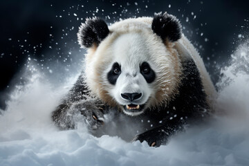 panda runs through the snow. bamboo bear, close-up portrait.