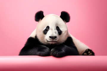 panda, bamboo bear, close-up portrait on pink studio background.
