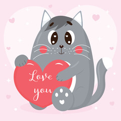 Cute cartoon grey cat with heart. Romantic character for poster, greeting card, card for valentine's day Vector illustration