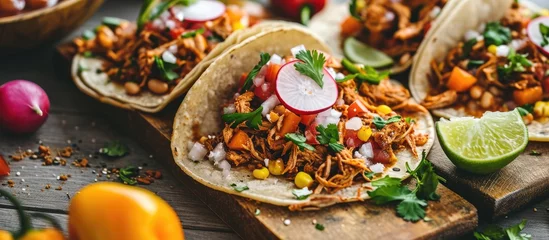 Fotobehang Mexican-inspired pita tacos with spicy pulled chicken, beans, corn, radish, red pepper, sweet potatoes, and lime on a wooden board. © AkuAku