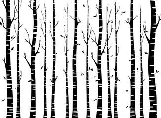 Black and White Vector Birch Tree Silhouette Background with Birds. AI generated illustration. - obrazy, fototapety, plakaty