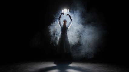 Silhouette of female on black background under spotlight projector in studio. Ballerina in white tulle dancing slow choreography in smoke.
