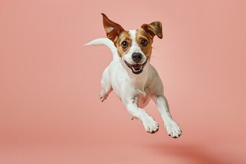 Dynamic Capture: Jack Russell Terrier Captured in Mid-Air Leap, Studio Shot Against Peach Fuzz Background, Showcasing Energetic Dog in Action