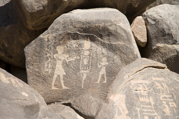 Egypt Aswan petroglyphs in the area of the first cataract on a sunny autumn day