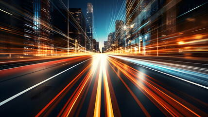 Abstract blurred colorful lighhts background in night city, bokeh shiny blurred glowing street cityscape