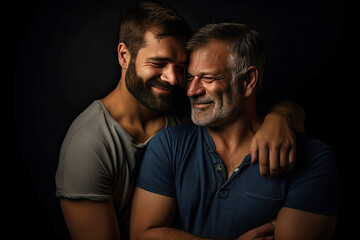 Obraz premium portrait of a couple. portrait of two men over 40, cute gay couple, hugging each other in a romantic atmosphere.