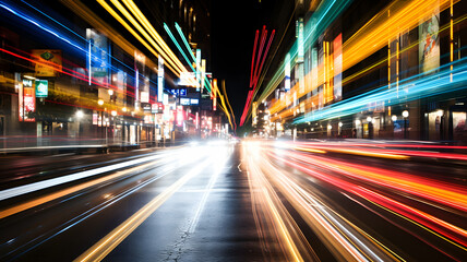Fototapeta premium Abstract blurred colorful lighhts background in night city, bokeh shiny blurred glowing street cityscape