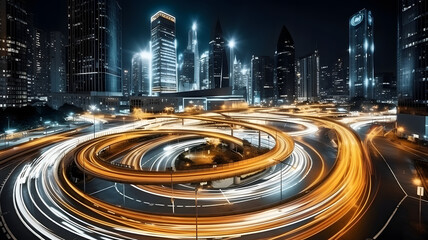 Abstract blurred colorful lighhts background in night city, bokeh shiny blurred glowing street cityscape